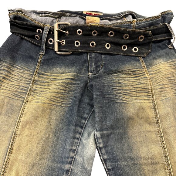 Vintage JouJou Wide-Leg Jeans – Y2K Flared Denim with Riveted Buckle Belt - Picture 2 of 6